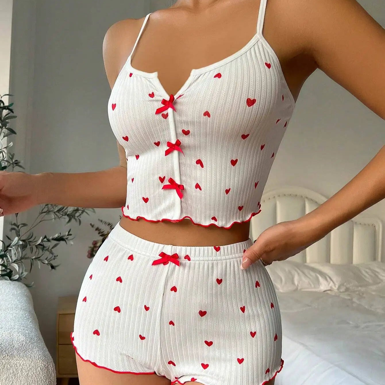 Women Heart Print Pajama Set
