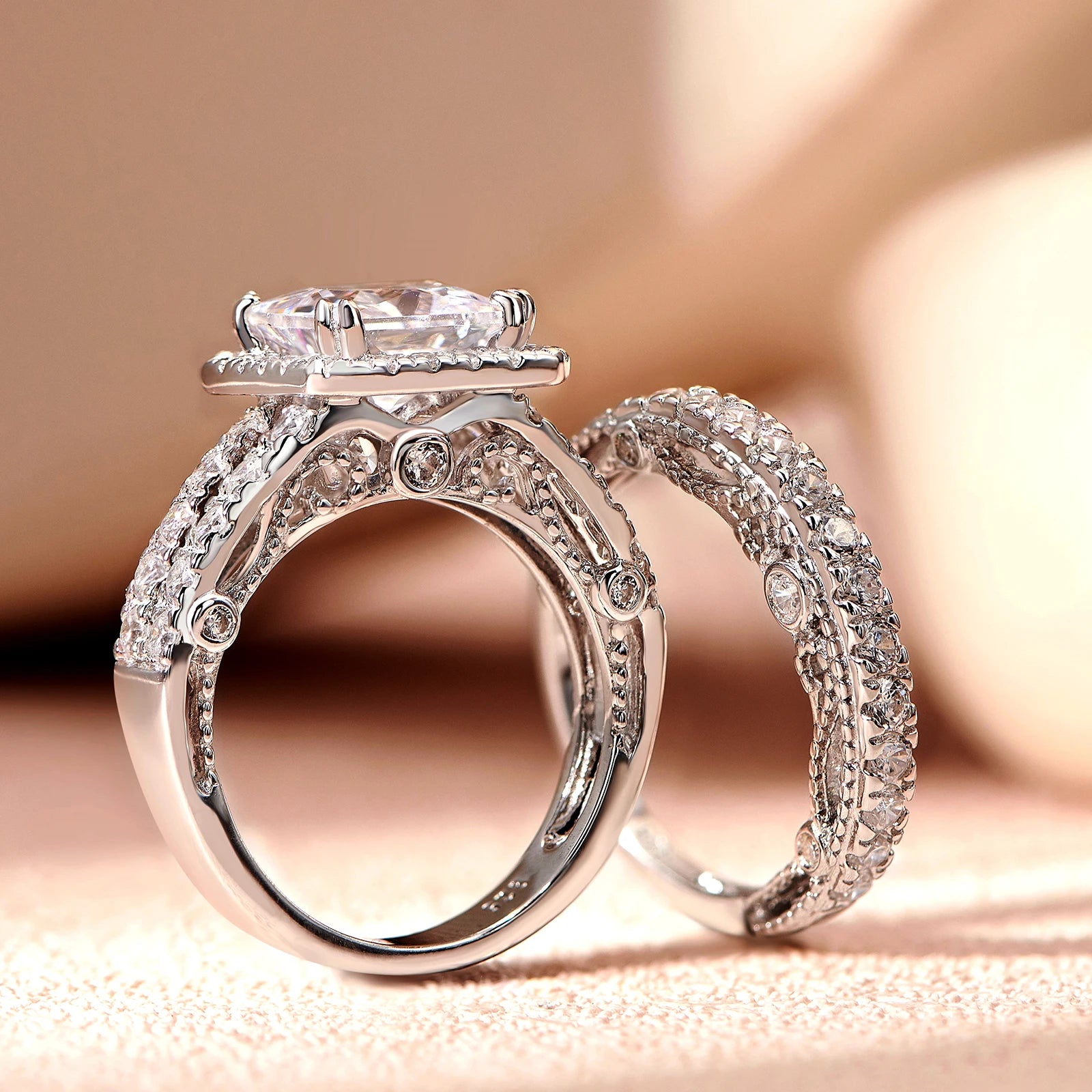 2Pcs Solid 925 Sterling Silver Wedding Rings